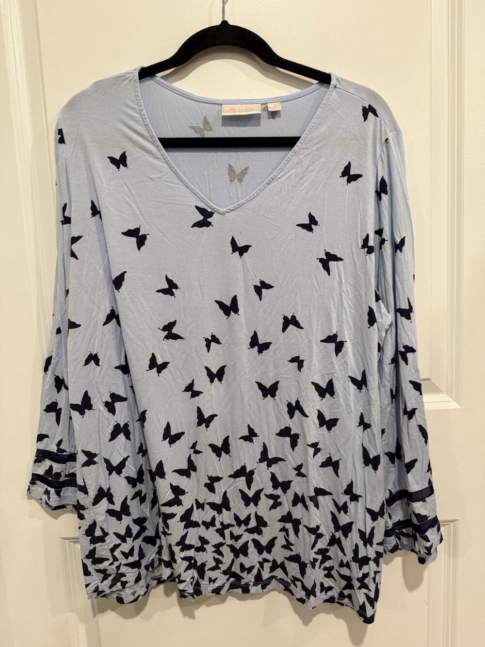 Belle by Kim Gravel Butterfly Print Knit Top w/ Illusion Sleeves Blue Sz XL